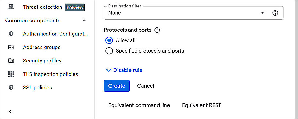 Screen shot of the firewall rule settings in Google Cloud